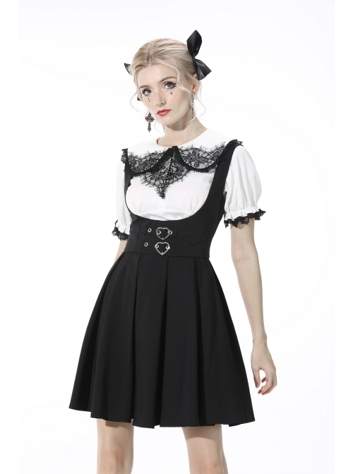 Black Gothic Preppy Style Love Button Slim Fit Pleated Lace Up Back Polyester Suspenders Skirt