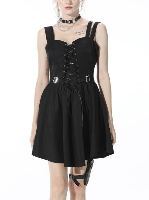 Black Cold Waist Zipper Punk Lace Up Chest Asymmetric Rayon Strap Dress