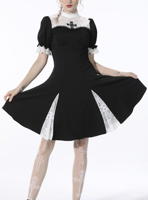 Gothic Black Dead Cross Cross White Lace Stitching Puff Sleeve Slim Fit Polyester Short-Sleeves Dress