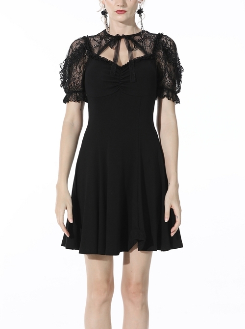 Gothic Sexy Black Bow Tie Slim Fit Lady Fake Two Pieces Lace Puff Sleeves Cotton Dress