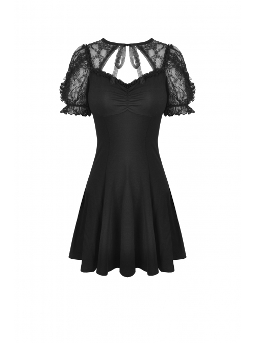Gothic Sexy Black Bow Tie Slim Fit Lady Fake Two Pieces Lace Puff Sleeves Cotton Dress