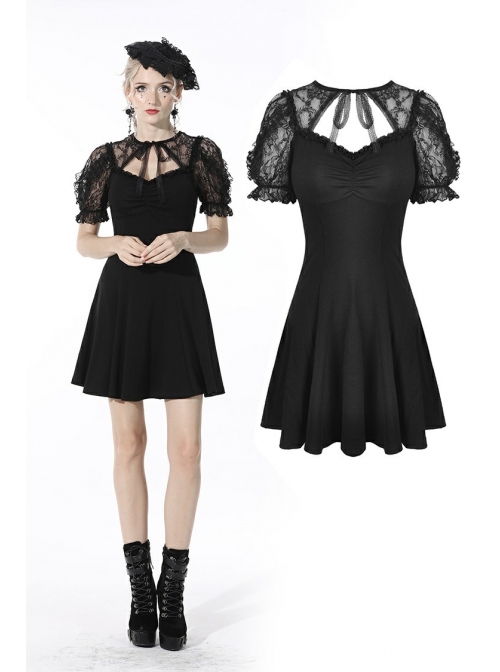Gothic Sexy Black Bow Tie Slim Fit Lady Fake Two Pieces Lace Puff Sleeves Cotton Dress