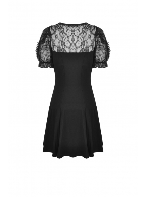 Gothic Sexy Black Bow Tie Slim Fit Lady Fake Two Pieces Lace Puff Sleeves Cotton Dress
