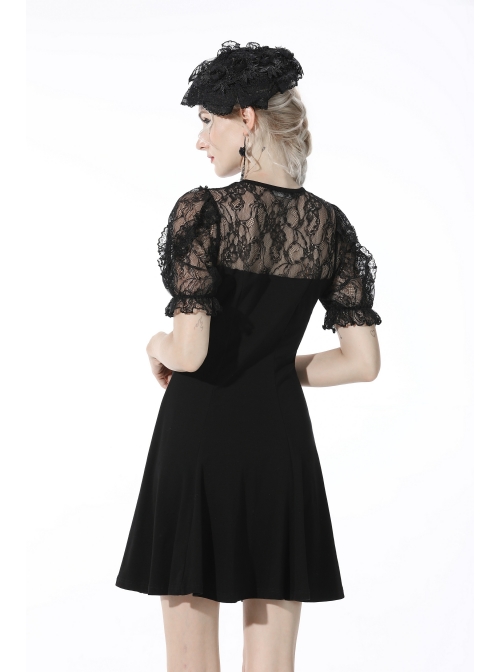 Gothic Sexy Black Bow Tie Slim Fit Lady Fake Two Pieces Lace Puff Sleeves Cotton Dress