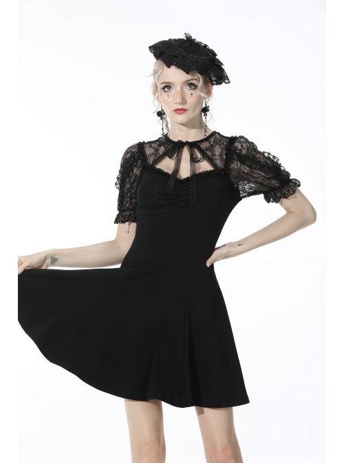 Gothic Sexy Black Bow Tie Slim Fit Lady Fake Two Pieces Lace Puff Sleeves Cotton Dress