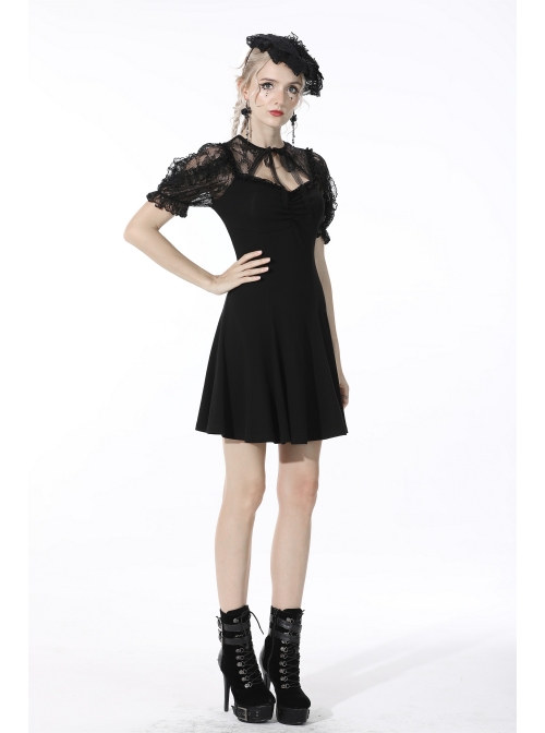 Gothic Sexy Black Bow Tie Slim Fit Lady Fake Two Pieces Lace Puff Sleeves Cotton Dress