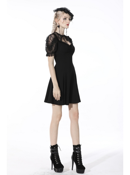 Gothic Sexy Black Bow Tie Slim Fit Lady Fake Two Pieces Lace Puff Sleeves Cotton Dress