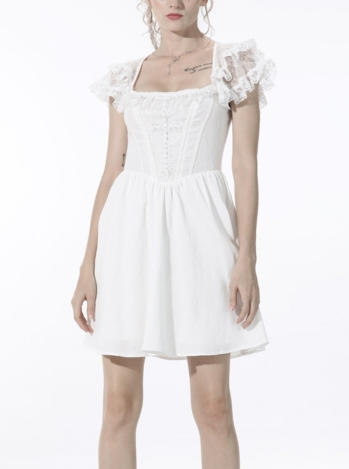 White Gothic Lolita Angelic Beauty Lace Slim Fit White Cross Chest Square Neck Cotton Mini Dress
