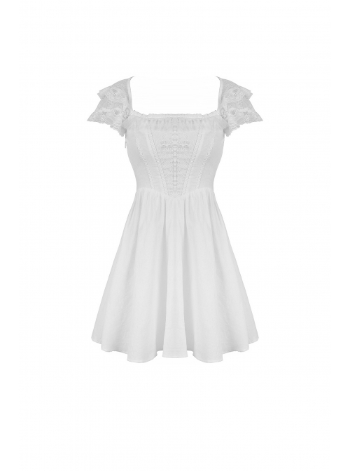 White Gothic Lolita Angelic Beauty Lace Slim Fit White Cross Chest Square Neck Cotton Mini Dress