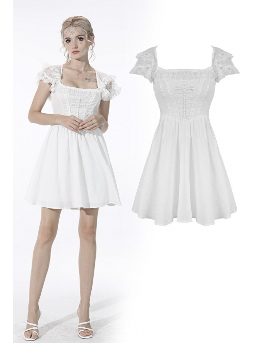 White Gothic Lolita Angelic Beauty Lace Slim Fit White Cross Chest Square Neck Cotton Mini Dress