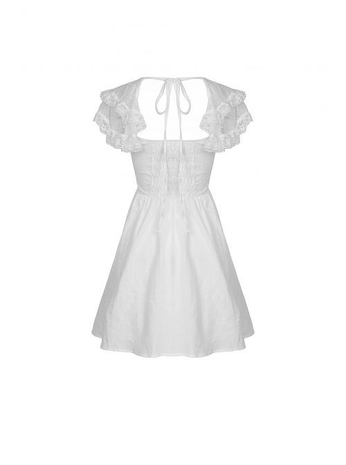 White Gothic Lolita Angelic Beauty Lace Slim Fit White Cross Chest Square Neck Cotton Mini Dress