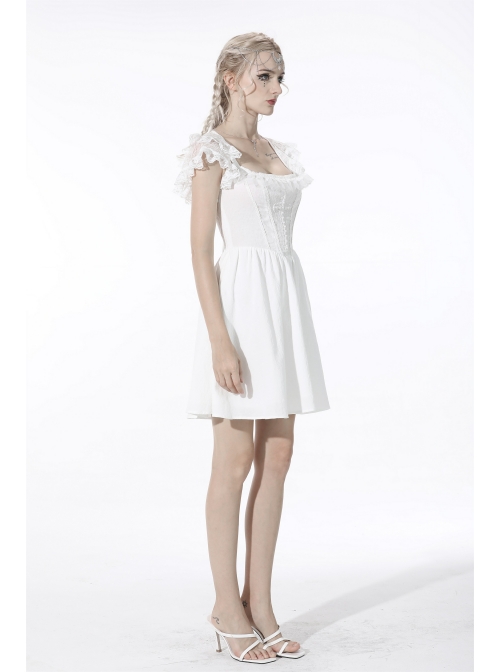 White Gothic Lolita Angelic Beauty Lace Slim Fit White Cross Chest Square Neck Cotton Mini Dress