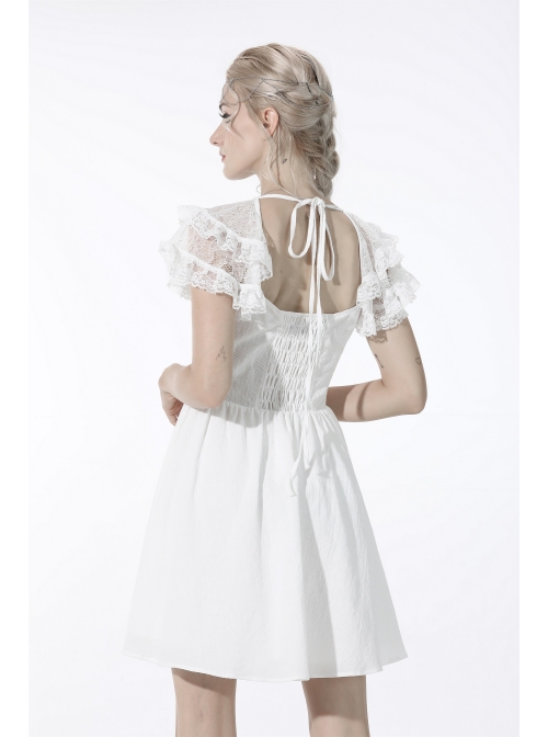 White Gothic Lolita Angelic Beauty Lace Slim Fit White Cross Chest Square Neck Cotton Mini Dress