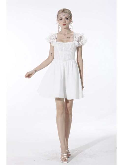 White Gothic Lolita Angelic Beauty Lace Slim Fit White Cross Chest Square Neck Cotton Mini Dress