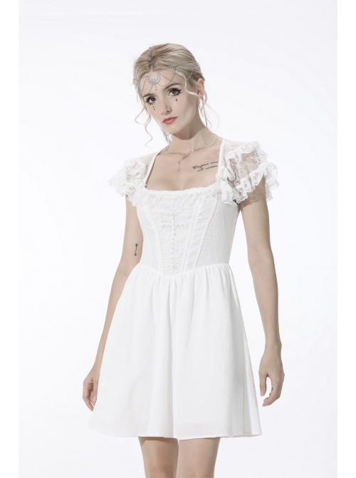 White Gothic Lolita Angelic Beauty Lace Slim Fit White Cross Chest Square  Neck Cotton Mini Dress - Magic Wardrobes