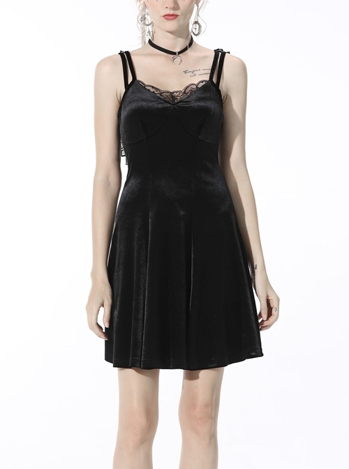Gothic Invisible Black Wings Sexy Lace-Up Backless Slim Velvet Polyester Strap Dress