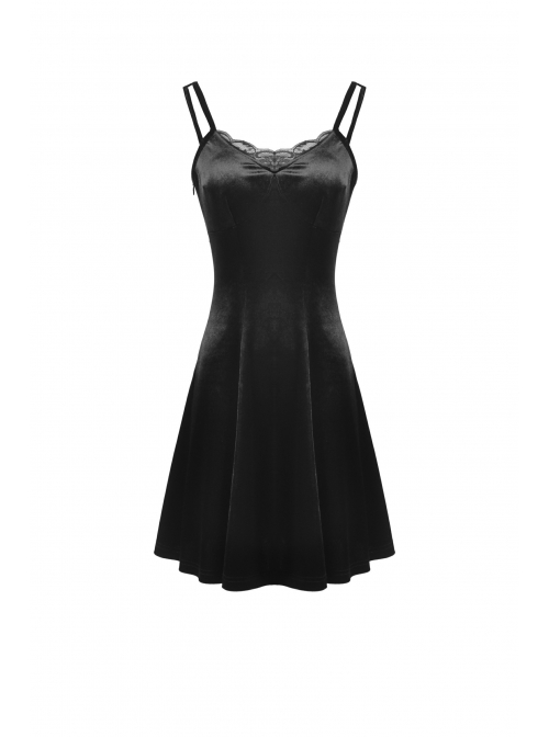 Gothic Invisible Black Wings Sexy Lace-Up Backless Slim Velvet Polyester Strap Dress