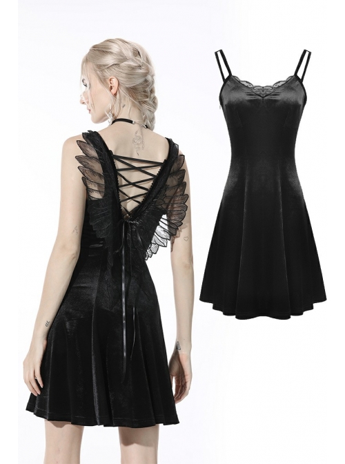 Gothic Invisible Black Wings Sexy Lace-Up Backless Slim Velvet Polyester Strap Dress