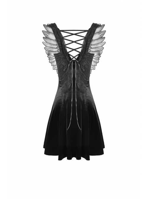 Gothic Invisible Black Wings Sexy Lace-Up Backless Slim Velvet Polyester Strap Dress