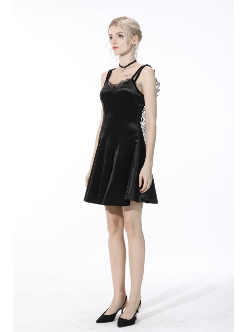 Gothic Invisible Black Wings Sexy Lace-Up Backless Slim Velvet Polyester Strap Dress