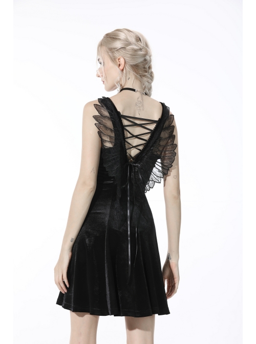 Gothic Invisible Black Wings Sexy Lace-Up Backless Slim Velvet Polyester Strap Dress