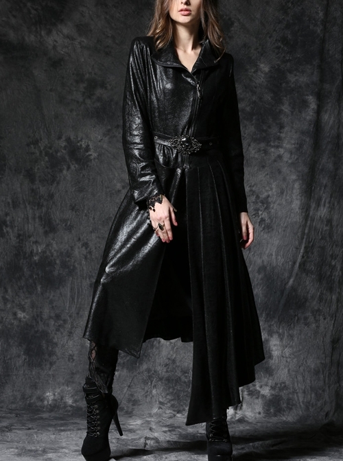 Gothic Sexy Black Elegant Loose Asymmetric Bouffancy Ghost Belt Pu Nylon Robe Jacket
