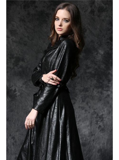 Gothic Sexy Black Elegant Loose Asymmetric Bouffancy Ghost Belt Pu Nylon Robe Jacket