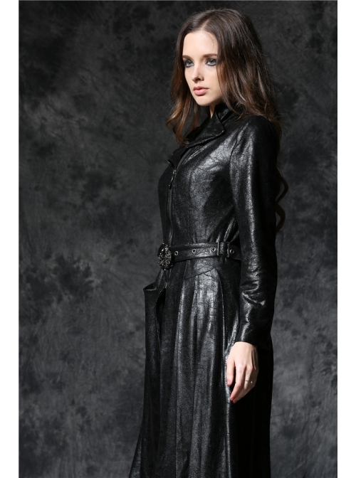 Gothic Sexy Black Elegant Loose Asymmetric Bouffancy Ghost Belt Pu Nylon Robe Jacket