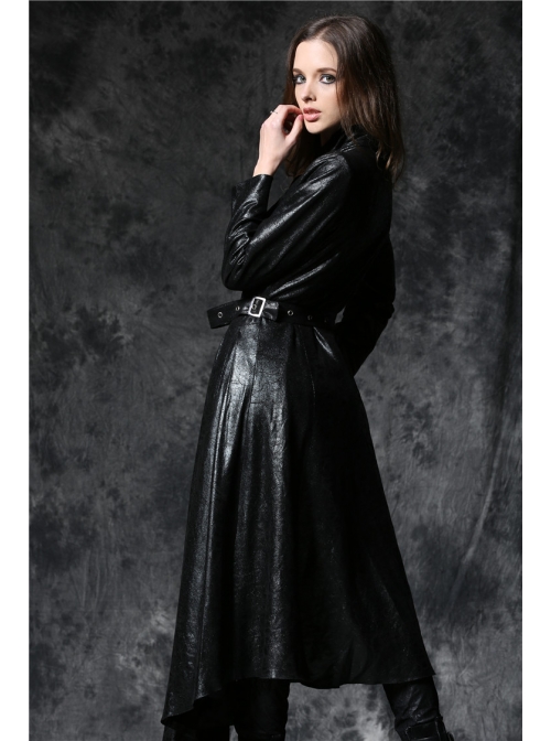 Gothic Sexy Black Elegant Loose Asymmetric Bouffancy Ghost Belt Pu Nylon Robe Jacket