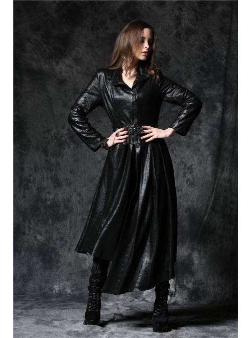 Gothic Sexy Black Elegant Loose Asymmetric Bouffancy Ghost Belt Pu Nylon Robe Jacket