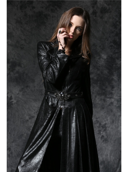 Gothic Sexy Black Elegant Loose Asymmetric Bouffancy Ghost Belt Pu Nylon Robe Jacket