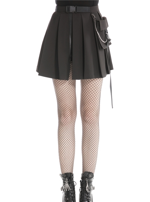 Punk Black Irregular Chain Belt Satchel Casual Bag Side Polyester Pleated Short Skirt