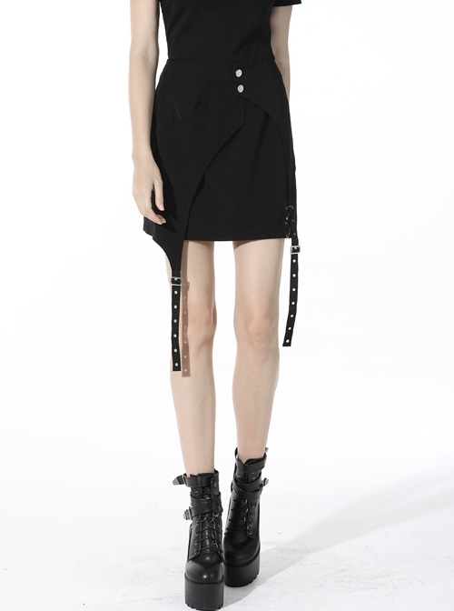Punk Black Lady Webbing Buckle Sheet Slim Fit Asymmetrical Mini Skirt