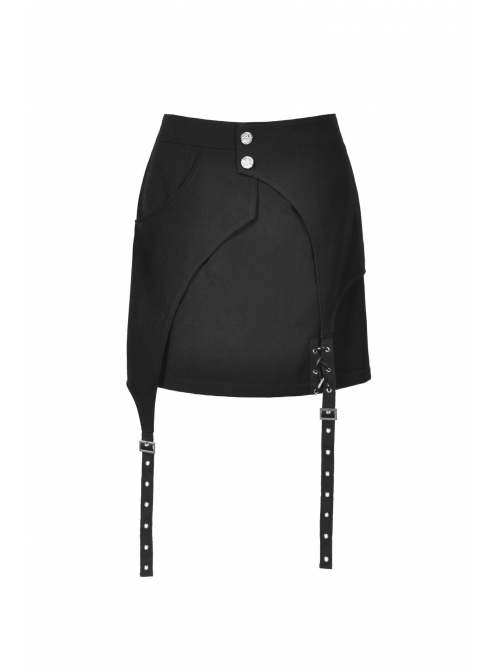 Punk Black Lady Webbing Buckle Sheet Slim Fit Asymmetrical Mini Skirt