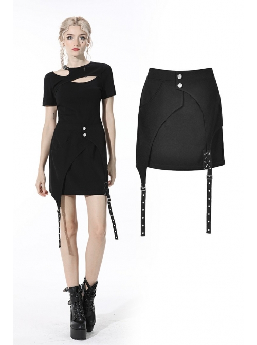 Punk Black Lady Webbing Buckle Sheet Slim Fit Asymmetrical Mini Skirt