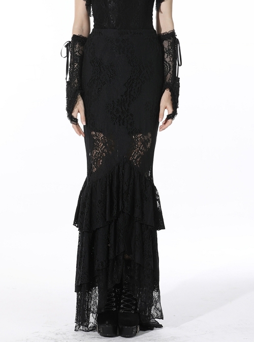 Black Gothic Pattern Sexy Slim Fit Buttocks Mermaid Lace Hollow Out Maxi Skirt
