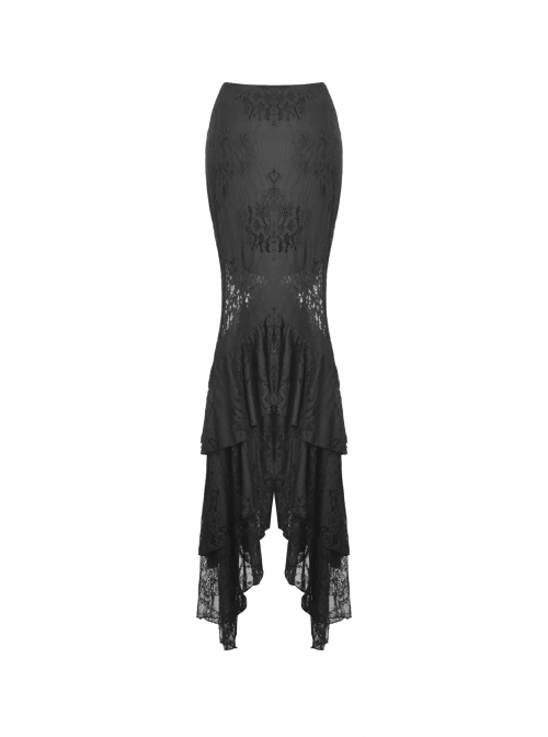 Black Gothic Pattern Sexy Slim Fit Buttocks Mermaid Lace Hollow Out Maxi Skirt