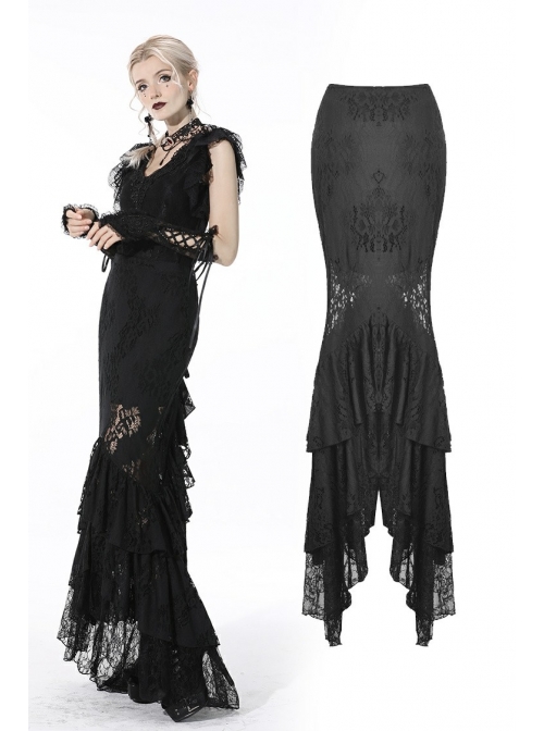 Black Gothic Pattern Sexy Slim Fit Buttocks Mermaid Lace Hollow Out Maxi Skirt