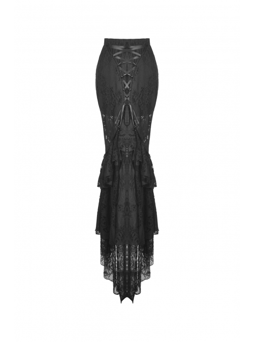 Black Gothic Pattern Sexy Slim Fit Buttocks Mermaid Lace Hollow Out Maxi Skirt