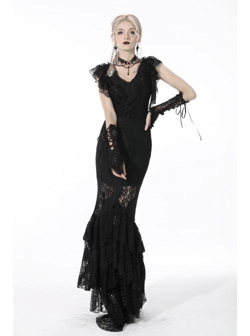 Black Gothic Pattern Sexy Slim Fit Buttocks Mermaid Lace Hollow Out Maxi Skirt