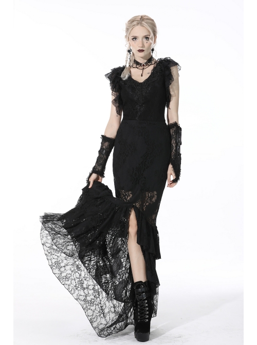 Black Gothic Pattern Sexy Slim Fit Buttocks Mermaid Lace Hollow Out Maxi Skirt