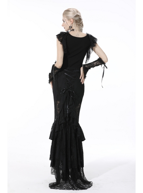 Black Gothic Pattern Sexy Slim Fit Buttocks Mermaid Lace Hollow Out Maxi Skirt