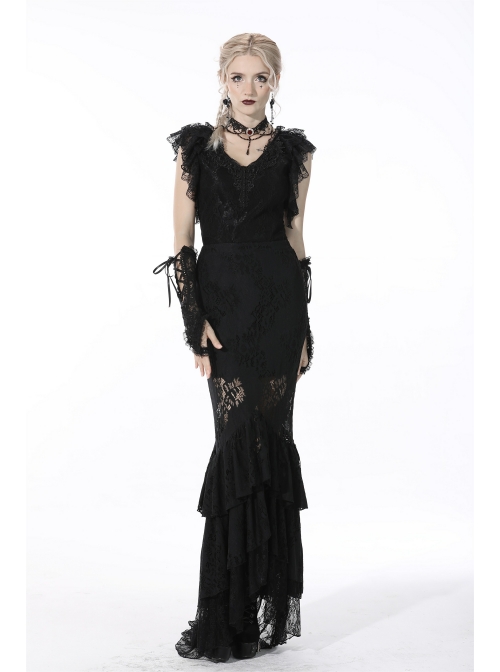 Black Gothic Pattern Sexy Slim Fit Buttocks Mermaid Lace Hollow Out Maxi Skirt