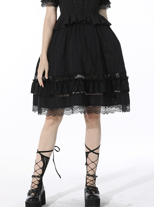 Black Lolita Cross Side Hollow Pattern Lace Tutu Cotton Out Skirt