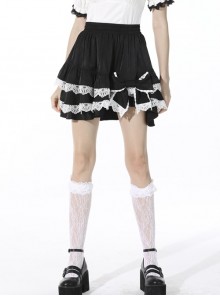 Lolita Black Gothic Lace Irregular Elastic Band White Bow Contrast Rayon Mini Skirt