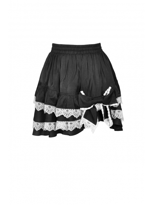 Lolita Black Gothic Lace Irregular Elastic Band White Bow Contrast Rayon Mini Skirt