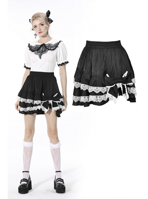 Lolita Black Gothic Lace Irregular Elastic Band White Bow Contrast Rayon Mini Skirt