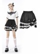Lolita Black Gothic Lace Irregular Elastic Band White Bow Contrast Rayon Mini Skirt