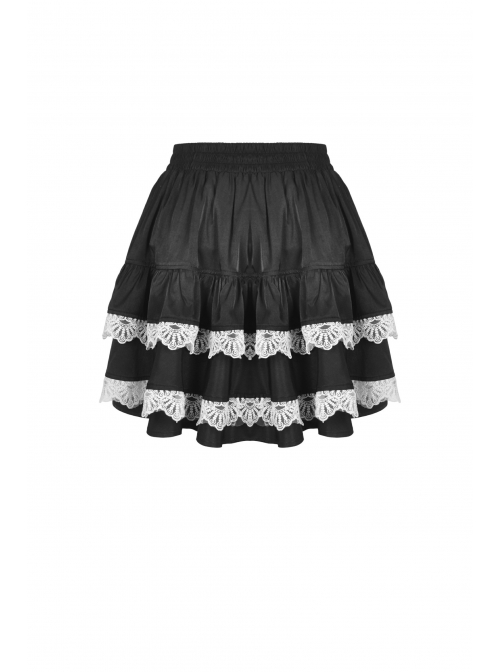 Lolita Black Gothic Lace Irregular Elastic Band White Bow Contrast Rayon Mini Skirt