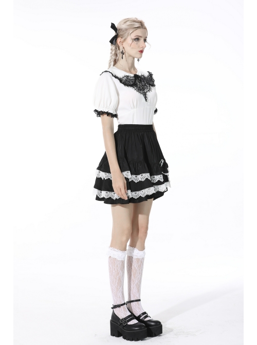 Lolita Black Gothic Lace Irregular Elastic Band White Bow Contrast Rayon Mini Skirt